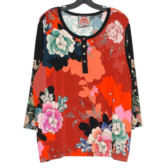 Johnny Was Top 3/4 Sleeve Floral Henley Boho Cottage Maximalist Red Black Large - Picture 6 of 7